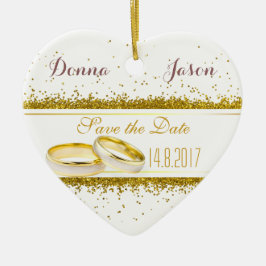 Save the Date Gold Glitzer Rings - Herzdekoration Keramik Ornament