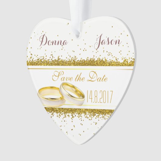 Save the Date Gold Glitzer Rings - Herzdekoration Ornament (Vorderseite)