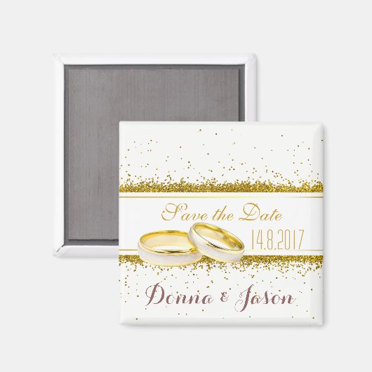 Save the Date Gold Glitzer Rings - Magnet (Vorderseite/Rückseite)