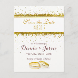 Save the Date Gold Glitzer Rings - Postkarte