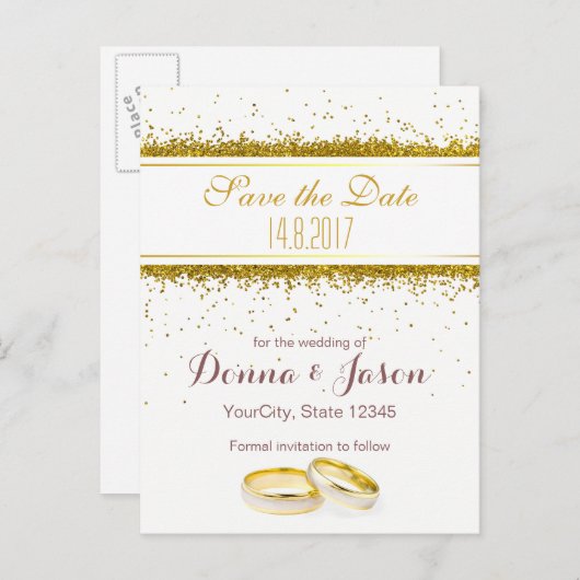 Save the Date Gold Glitzer Rings - Postkarte (Vorne/Hinten)