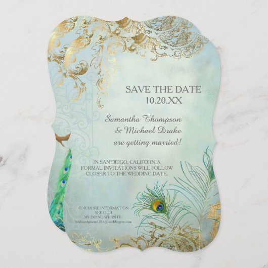 Save the Date Gold Leaf Peacock Feather Elegant Einladung (Vorne/Hinten)