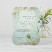 Save the Date Gold Leaf Peacock Feather Elegant Einladung (Stehend Vorderseite)