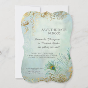 Save the Date Gold Leaf Peacock Feather Elegant Einladung