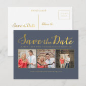 Save the Date Gold Navy Typografie Fotokarten Ankündigungspostkarte (Vorne/Hinten)