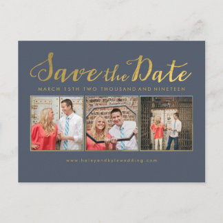 Save the Date Gold Navy Typografie Fotokarten Ankündigungspostkarte
