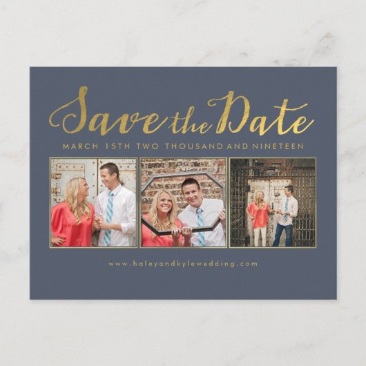 Save the Date Gold Navy Typografie Fotokarten Ankündigungspostkarte (Vorderseite)