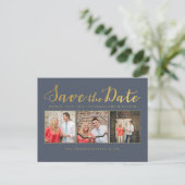 Save the Date Gold Navy Typografie Fotokarten Ankündigungspostkarte (Stehend Vorderseite)