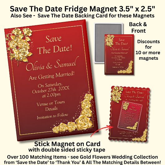 Save The Date, Gold Roses Maroon 5" x 2.5" Fridge Magnet