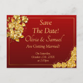Save The Date - Gold Roses on Maroon Red Ankündigungspostkarte (Vorderseite)
