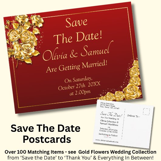 Save The Date - Gold Roses on Maroon Red Ankündigungspostkarte