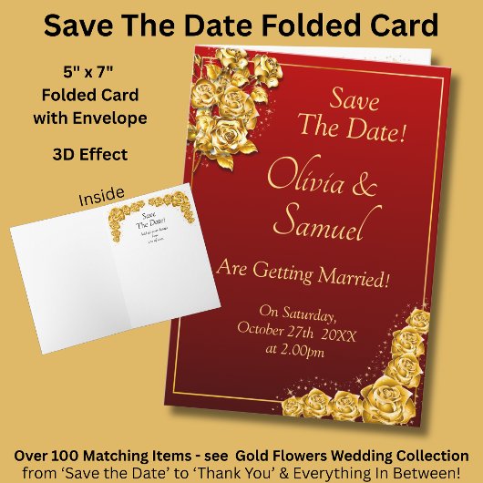 Save The Date - Gold Roses on Maroon Red    Karte