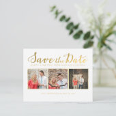 Save the Date Gold Script Typografie Fotokarten Ankündigungspostkarte (Stehend Vorderseite)