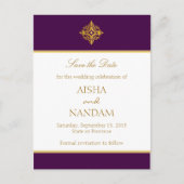 Save the Date Gold und Lila Postkarte (Vorderseite)