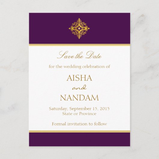 Save the Date Gold und Lila Postkarte (Vorderseite)
