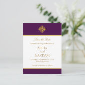 Save the Date Gold und Lila Postkarte (Stehend Vorderseite)