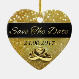 Save the Date Gold Wedding Rings - Herzdekoration Keramikornament