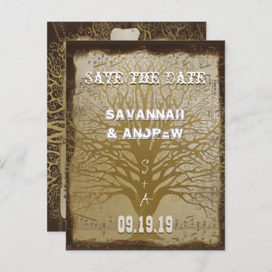 Save the Date Gold Wirbel Tree Ankündigungspostkarte (Vorne/Hinten)