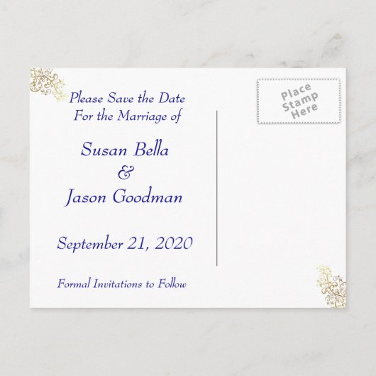 Save the Date - Gold-Wirbel und Dunkelblau Ankündigungspostkarte (Rückseite)