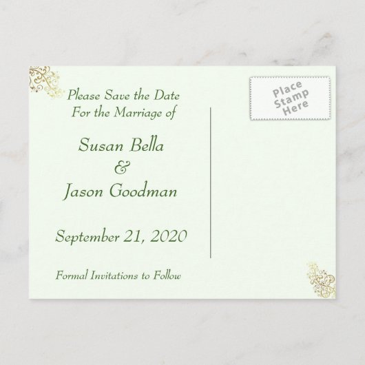 Save the Date - Gold-Wirbel und Dunkelgrün Ankündigungspostkarte (Rückseite)