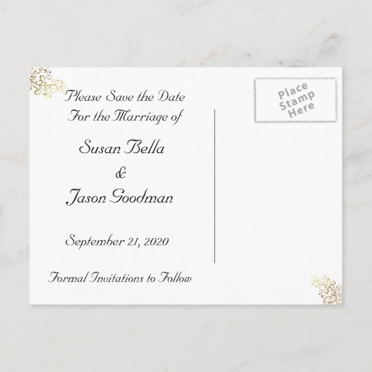 Save the Date - Gold-Wirbel und Schwarz Ankündigungspostkarte (Rückseite)