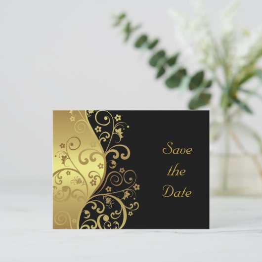 Save the Date - Gold-Wirbel und Schwarz Ankündigungspostkarte (Stehend Vorderseite)
