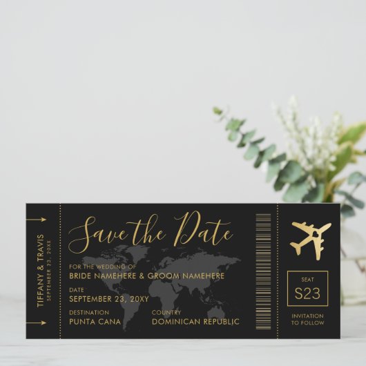 Save the Date Gold World Map Boarding Pass (Stehend Vorderseite)