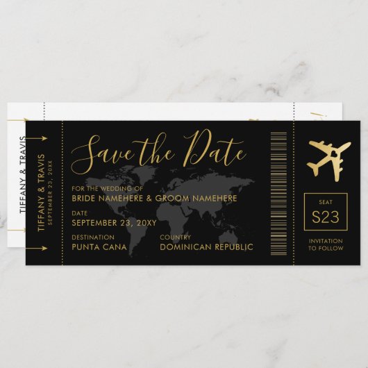 Save the Date Gold World Map Boarding Pass (Vorne/Hinten)