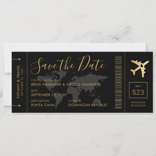 Save the Date Gold World Map Boarding Pass (Vorderseite)