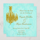 Save the Date Golden Chandelier und Aqua Damask (Vorne/Hinten)