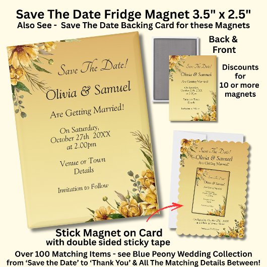 Save The Date, Golden Flowers,  5" x 2.5" Fridge Magnet