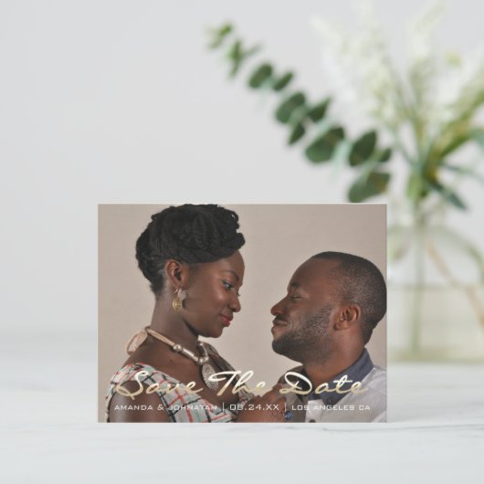 Save the Date Golden Script Foto Gray Postkarte (Stehend Vorderseite)