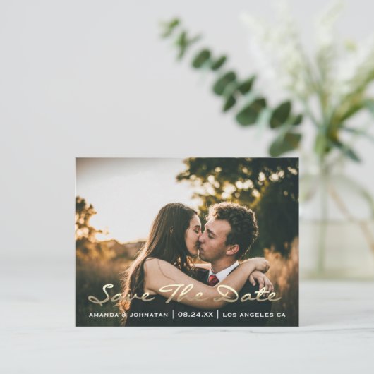 Save the Date Golden Script Foto Lavender Lila Postkarte (Stehend Vorderseite)