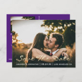 Save the Date Golden Script Foto Lila Postkarte (Vorne/Hinten)