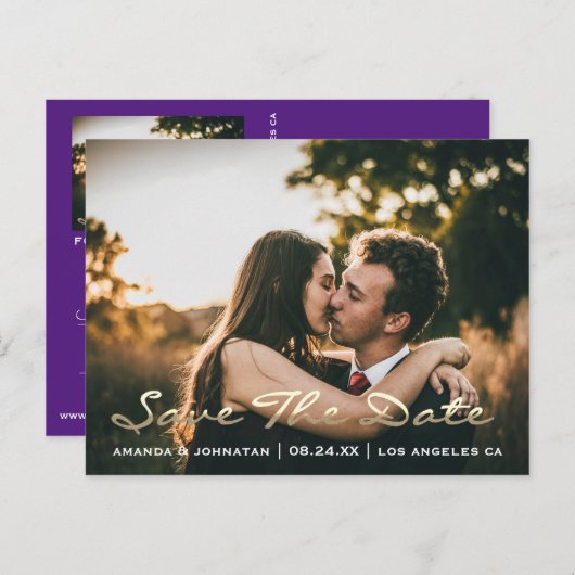 Save the Date Golden Script Foto Lila Postkarte (Vorne/Hinten)