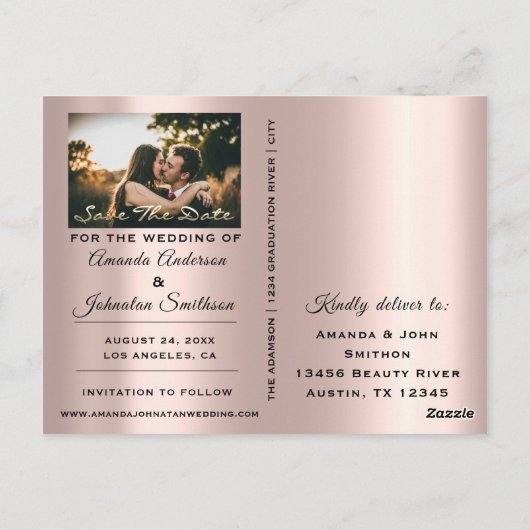 Save the Date Golden Script Foto Rose Blush Moder Postkarte (Rückseite)