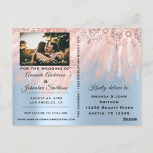 Save the Date Golden Script Foto Rose Royal Blue Postkarte