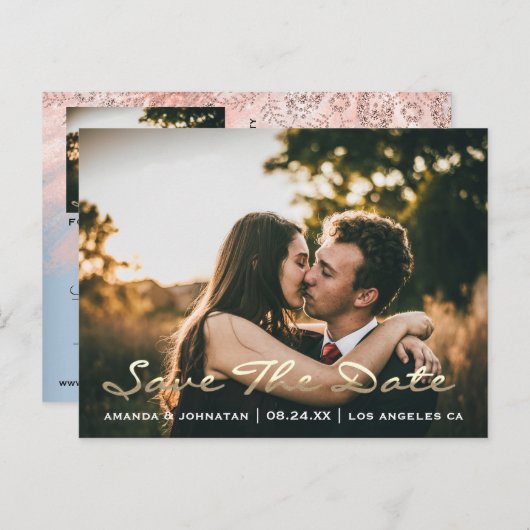 Save the Date Golden Script Foto Rose Royal Blue Postkarte (Vorne/Hinten)