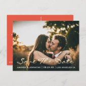 Save the Date Golden Script Foto Vivid Coral Postkarte (Vorne/Hinten)