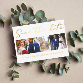 Save the Date goldfarbene Hochzeit 3 Fotos Collage Mitteilungskarte