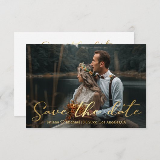 Save the Date goldfarbene, trendy scrip Hochzeitsk Mitteilungskarte (Vorne/Hinten)