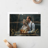 Save the Date goldfarbene, trendy scrip Hochzeitsk Mitteilungskarte (Vorderseite/Rückseite Beispiel)