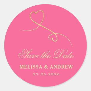 Save The Date   Goldherzen Fuchsia Pink Hochzeit Runder Aufkleber