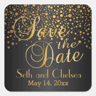 Save the Date Goldpunkte und Schwarz Personalisi Quadratischer Aufkleber