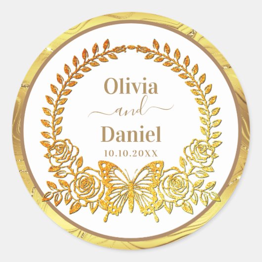 Save the Date, Goldschmetterling und Blume Runder Aufkleber (Vorderseite)