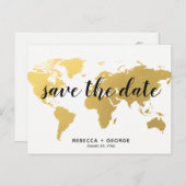 Save the Date Goldweltkarte Hochzeit in Urlaubsort Ankündigungspostkarte (Vorne/Hinten)