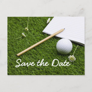 Save the Date Golfball mit Bleistift auf Grün Einladungspostkarte