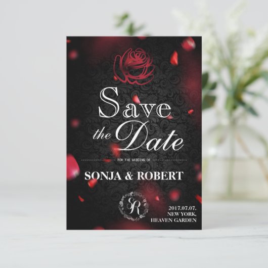 Save the Date - Gothic Black mit Rose-Blättern (Stehend Vorderseite)