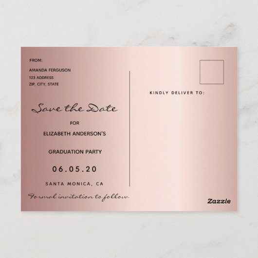 Save the Date Graduiertengold Rose Postkarte (Rückseite)