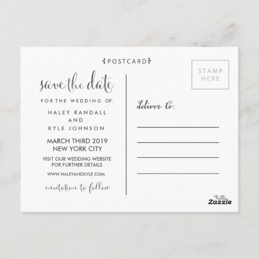 Save the Date Graue Typografie-Ankündigung Postkarte (Rückseite)